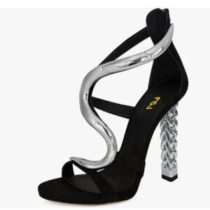 FSJ Silver S Metal Chain Chunky High Heels Ankle Strap Sandals Open Toe Shoes